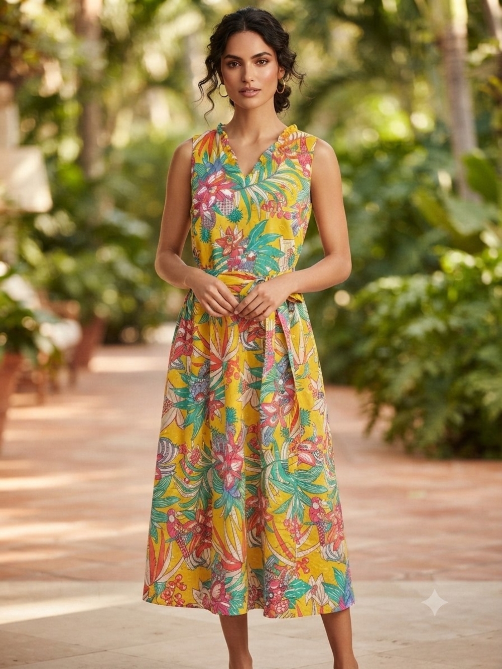 Talbots Yellow Tropical Print Midi Dress Size 10